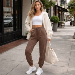 H&M Brown Cotton Blend Jogger Pants Soft Cozy Drawstring Waist Lounge Athleisure